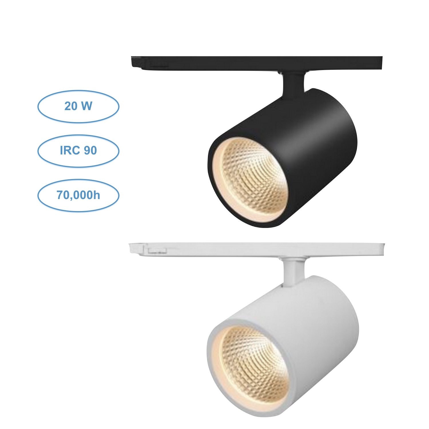 Spot sur rail triphasé (tracklight) LED 20W - 2100lm - 70,000h - Ø84x91mm - IRC 90 - angle 36°_0