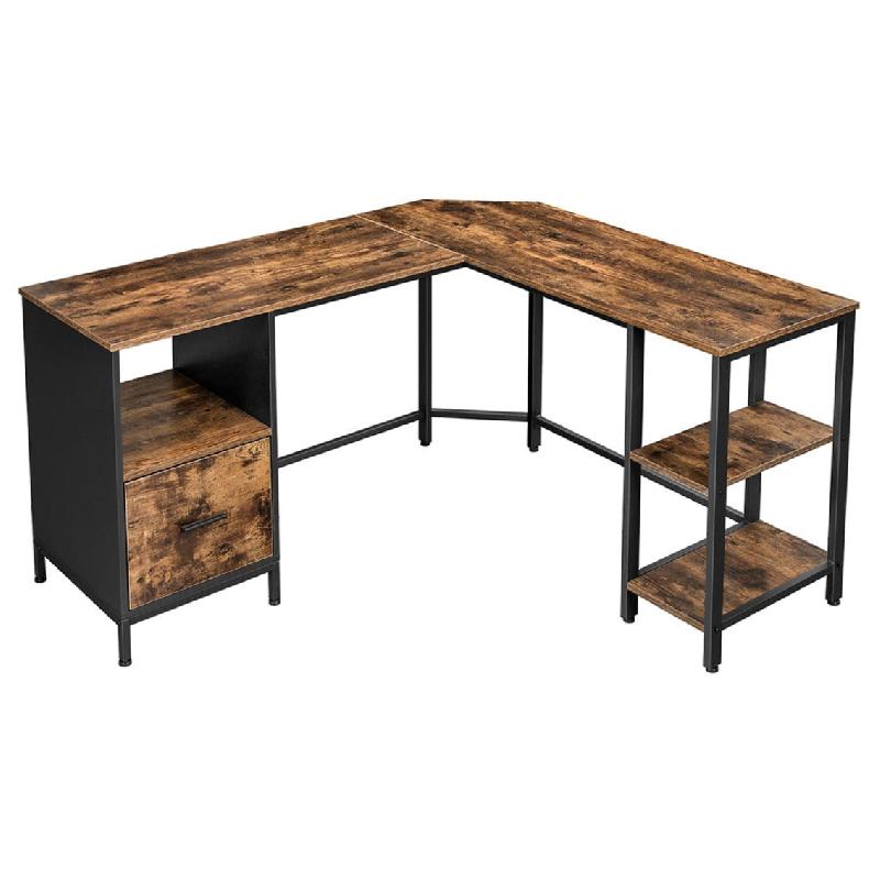 Bureau d'angle en forme de L avec caisson à dossiers suspendus, 2 étagères, cadre en acier - Style industriel marron rustique et noir - Montage facile - Réf : 12_0001336_0