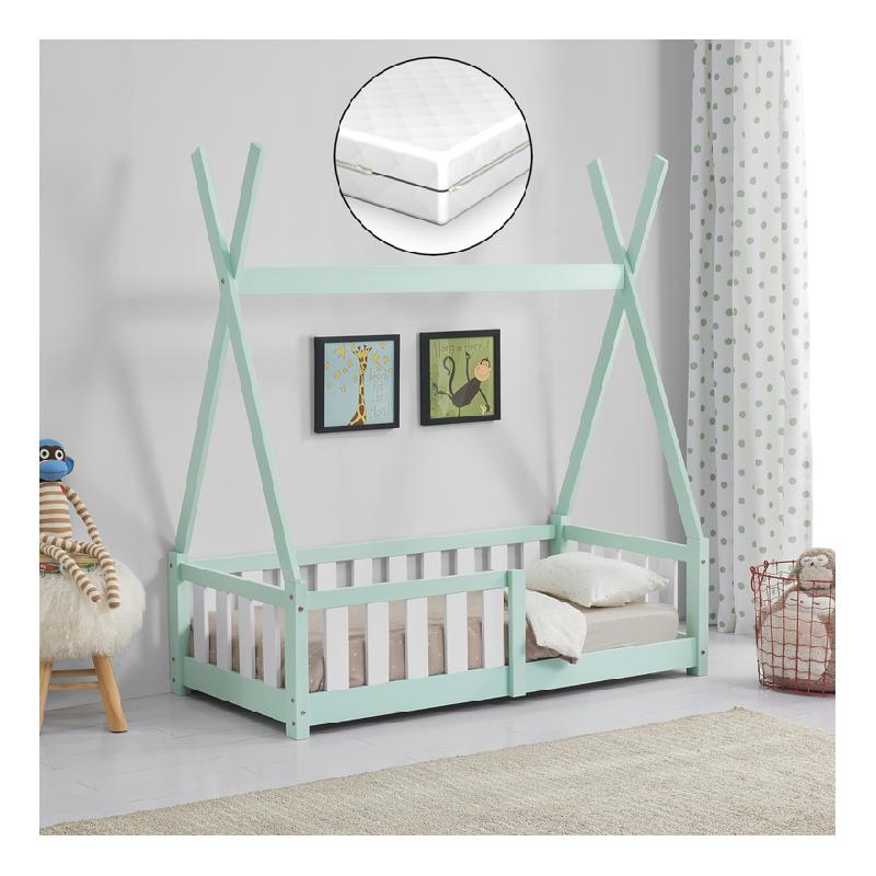 Tipi Lit Enfant 70x140cm Tipi Bois Pin avec Grille de Sécurité Menthe en.casa 