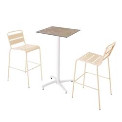 Oviala Business Ensemble table haute stratifié marbre beige et 2 chaises hautes ivoire - beige 110574_0