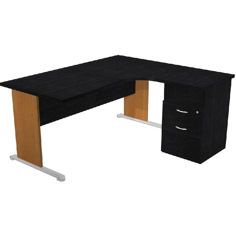 PACK PRONTO : 1 BUREAU COMPACT RETOUR À DROITE NOIR PIEDS AULNE + 1 CAISSON HAUTEUR BUREAU PROF. 60 CM