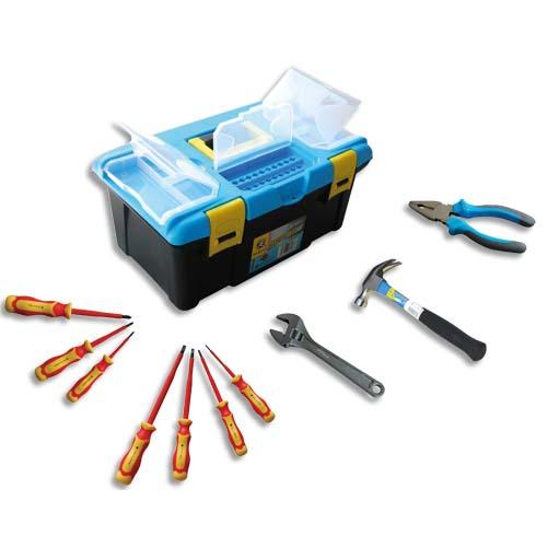 Safetool malette outils plastique, 10 outils inclus : pince coupante, marteau, clé à molette, 7 tournevis_0