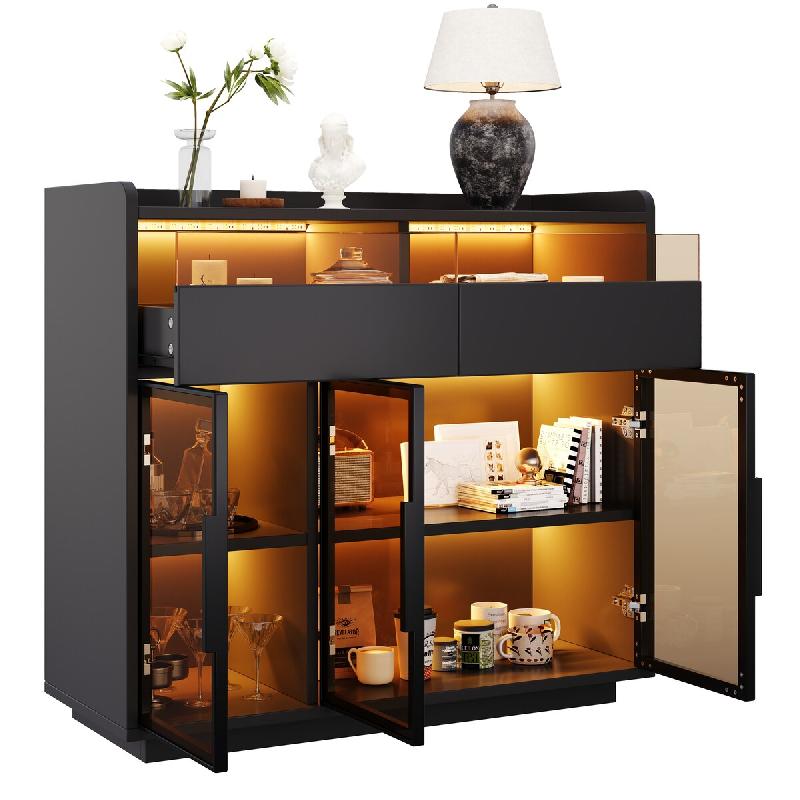 Merax Buffet avec éclairage LED, verre de sécurité teinté, 2 tiroirs en verre et multicolore, 100 x 40 x 91.5 cm, noir - noir multi-matériau N880_0
