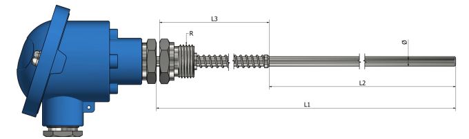 Thermocouple chemisé à ressort avec sortie tête de raccordement - TM73 - types multiples, classes 1 et 2, diamètres variés_0