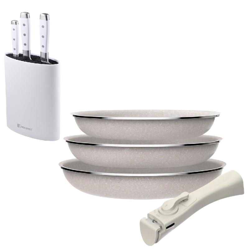 BERGNER - Jeu 3 poêles Ø18/20/24cm aluminium pressé antiadhésif avec manche amovible avec Jeu 3 couteaux en acier inoxydable avec bloc à couteaux_0