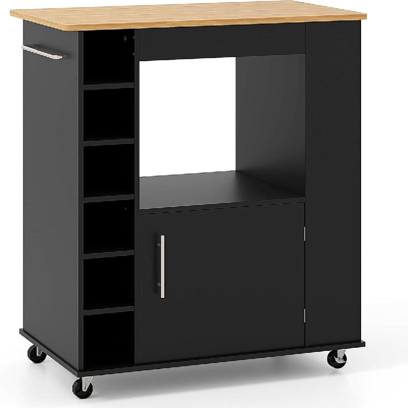 COSTWAY Chariot de cuisine sur roues, Chariot de service avec table de travail et porte-serviettes et étagères pour épices - noir Bois manufacturé_0
