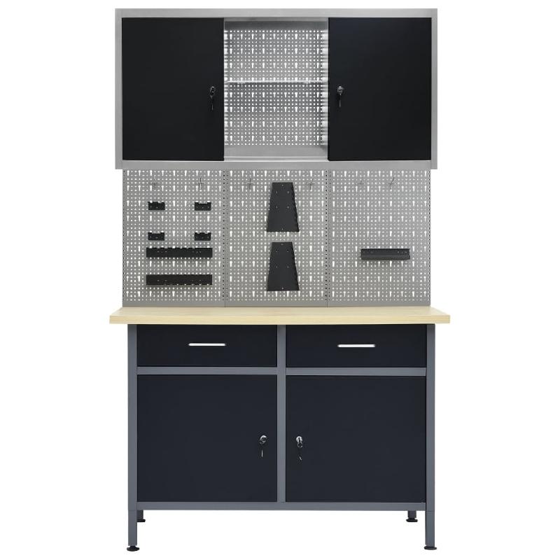 Établi 120 cm avec 3 panneaux muraux, armoire atelier, 2 tiroirs et capacité de 500 kg - Gris/Noir - Réf. 02_0003661_0