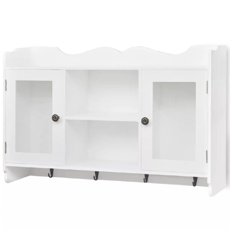 Étagère murale design en MDF blanc - Vitrine avec portes vitrées, crochets et étagères pour livres, DVD, verres - Réf. 2702115/2_0