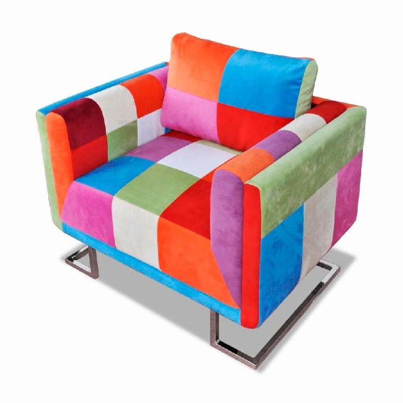 Helloshop26 - Fauteuil chaise siège lounge design club sofa salon cube avec de patchwork chrome tissu 1102040/3 - Bois massif 3000140221300_0
