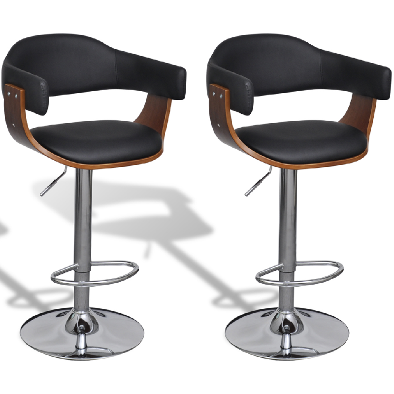 Lot de 2 tabourets de bar noir et bois - Design moderne - Réglables en hauteur - Structure en bois et fer chromé_0