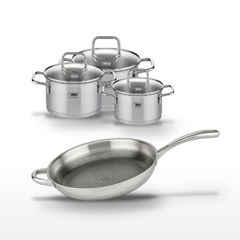 Lot Poêle 32 cm Elo Relief Evolution & 3 Faitouts Elo Citrin - gris inox 3176239955330_0