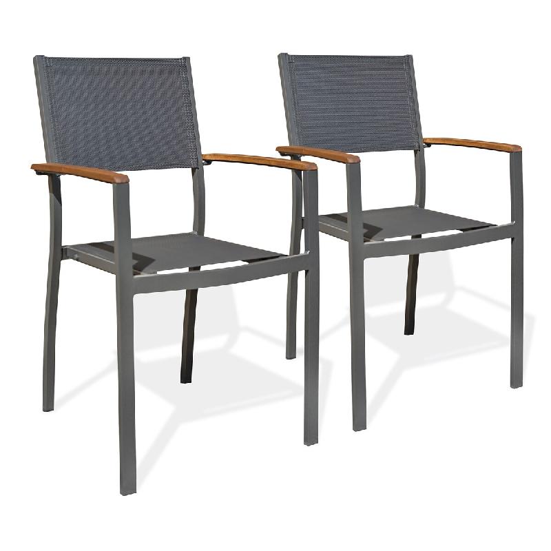 REMARQUABLE Lot de 2 fauteuils de jardin empilable en aluminium et textilène gris anthracite - ORSINO - 3700917637197_0
