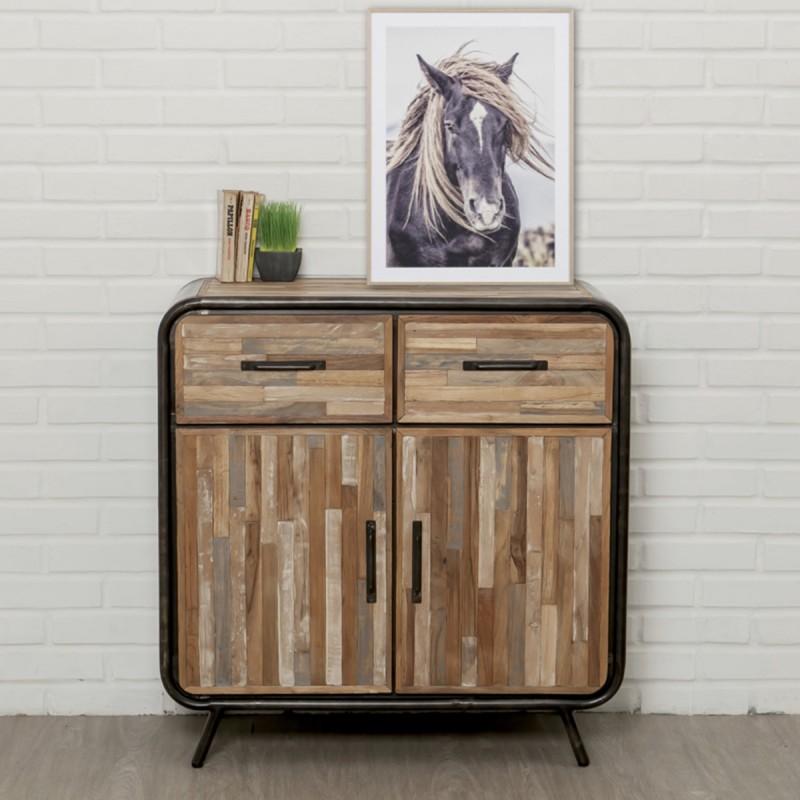 Buffet en teck industriel Fusion 90cm marron - Paris Prix - 2 portes, 2 tiroirs, teck recyclé_0