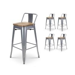 Kosmi Lot de 4 tabourets de bar en métal silver style industriel avec dossier et assise en bois clair - Hauteur 66 cm - gris 3760301693017_0