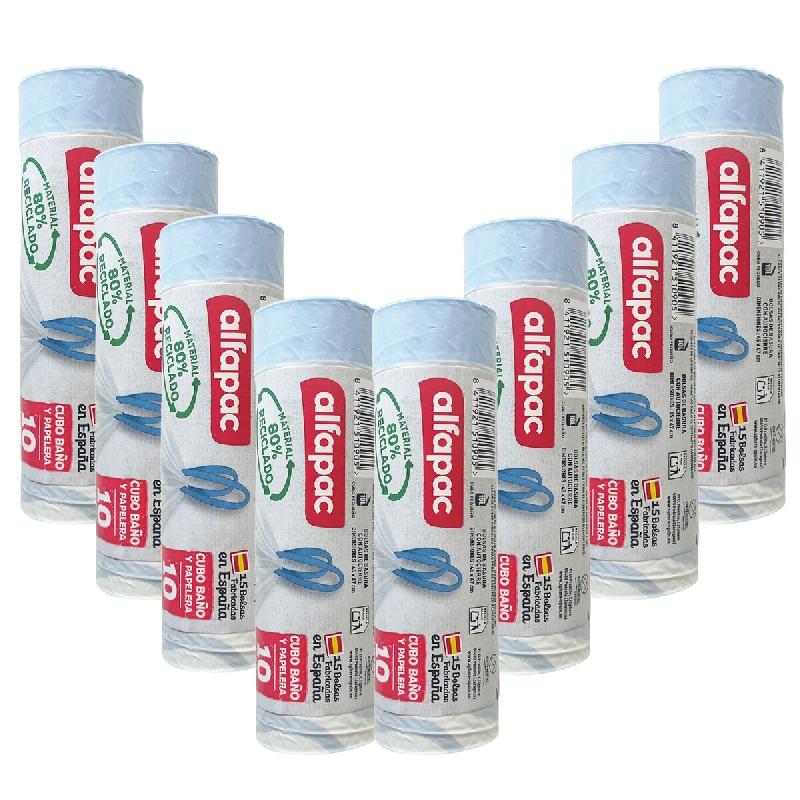Alfapac - Sacs poubelle à fermeture automatique 10L 45X57cm, 8 rouleaux x 15 unités (80% recyclés) - blanc PK6968_0