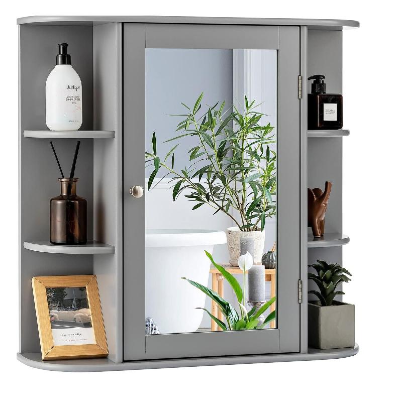 COSTWAY Armoire miroir salle de bain avec étagères, miroir blanc, placard mural avec miroir (gris) - gris verre VH32668SD_0
