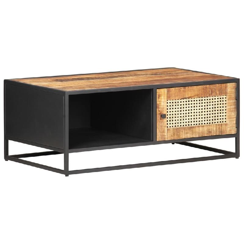 Décoshop26 - Table basse de salon design industriel rustique 90 x 50 x 35cm bois de manguier brut et canne naturelle marron DEC037229 - marron Bois m_0