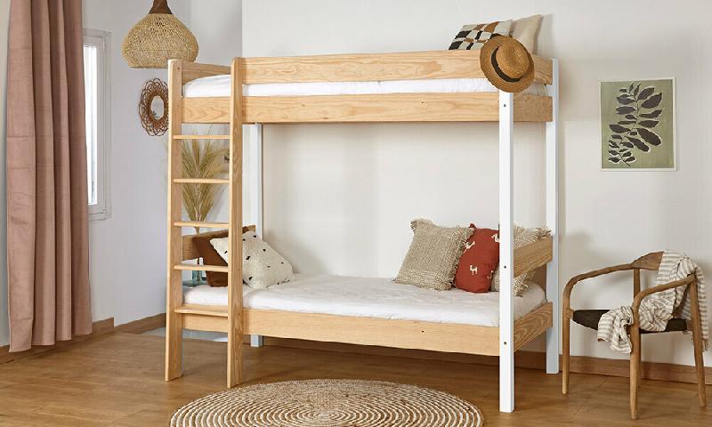 PACK LIT SUPERPOSÉ DOUGLAS + 2 MATELAS  BOIS ET BLANC 90X190 CM/OPT:MATELAS FEEVAH HR