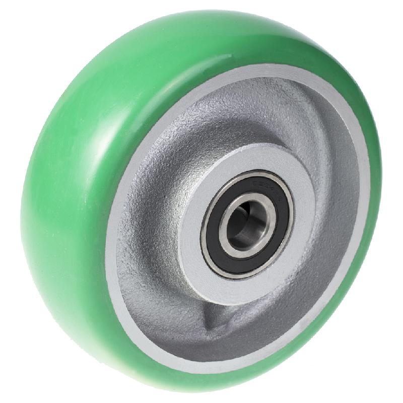 Roue de 160 mm avec polyuréthane élastique convexe vert sur centre en fonte_0