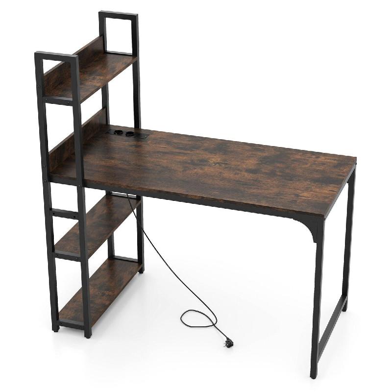 Helloshop26 - Bureau d'ordinateur 120 x 65 x 130 cm avec multiprise et bibliothèque design moderne en métal marron rustique et noir 20_0010862 - noi_0