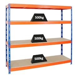 PROREGAL Étagère charge lourde RHINO, HxLxP 180x200x60cm, 500kg par niveau, Tablette 16mm, Bleu/Orange, Étagère de garage, étagère de rangement_0