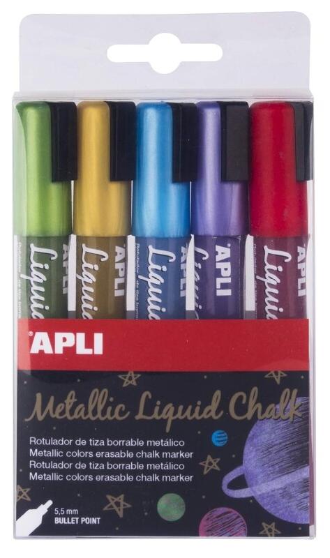 Apli Pochette de 5 marqueurs à craie liquide, pointe ronde 5,5 mm, coloris métal assortis - 8410782170822_0