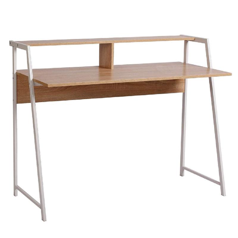 Bureau adulte - Table de travail avec étagère 112 cm - Chêne clair - Cadre en métal robuste_0