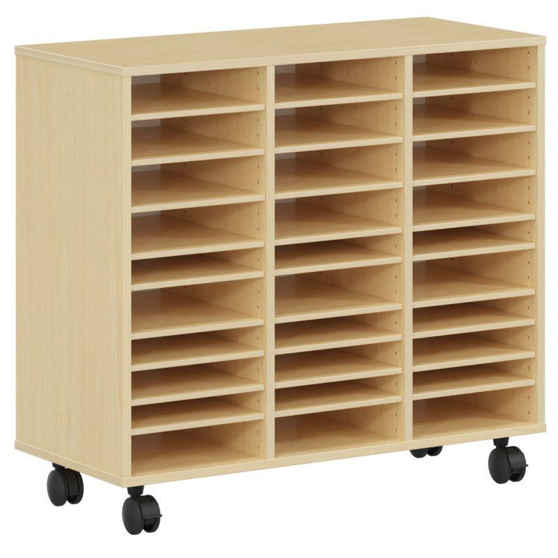 Meuble scolaire avec roulettes - 30 cases en mélaminé - Coloris hêtre - Normes NF - Fabriqué en France_0