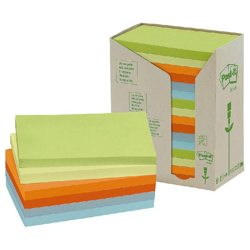 POST-IT® TOUR DISTRIBUTRICE NOTES POST-IT® RECYCLÉES - COLORIS ASSORTIS - 76 X 127 MM - TOUR DE 16