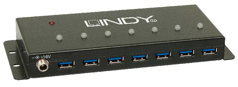 Hub USB 3.0 Industrie - 7 ports - Lindy 43128 - Boîtier métal robuste et alimentation externe incluse_0