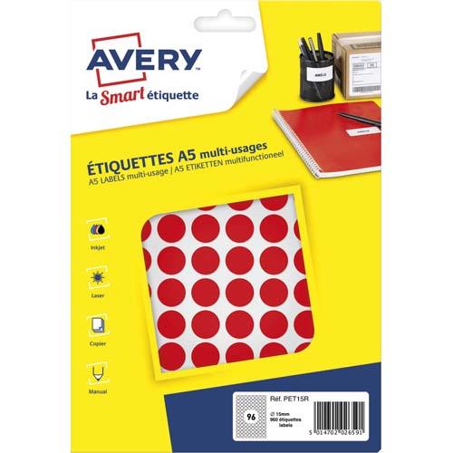 Avery sachet de 960 pastilles ø15 mm. Imprimables. Coloris rouge._0