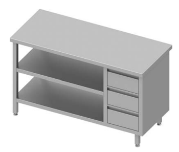 Table inox de travail centrale avec trois tiroirs  à droite et deux étagères 1500x600x900 soudée - 932886150_0
