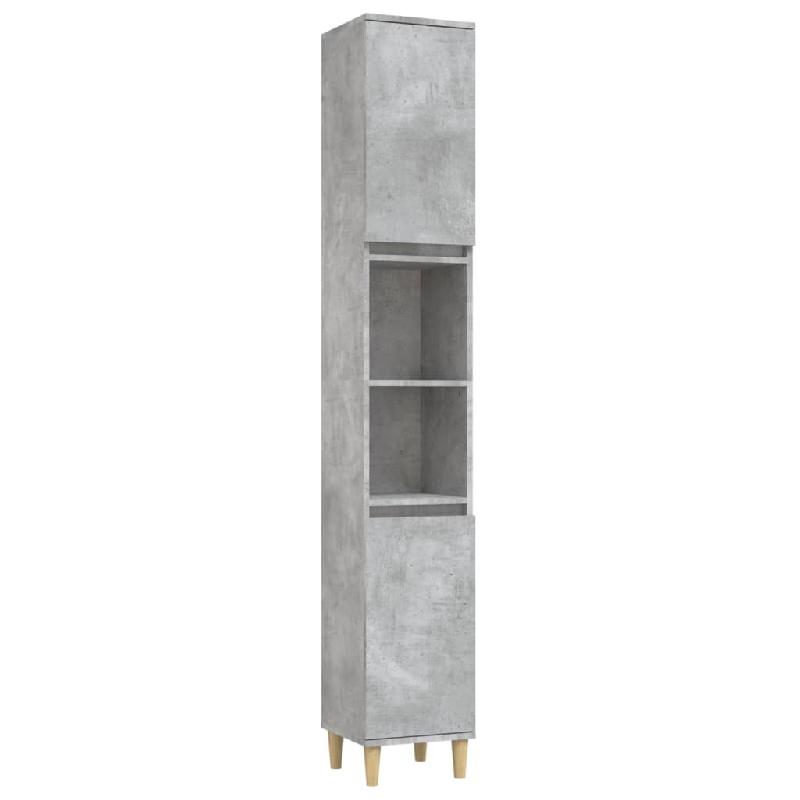 Armoire de salle de bain 30 x 30 x 190 cm - Gris béton - 6 compartiments, 2 portes, pieds en bois d'eucalyptus massif_0