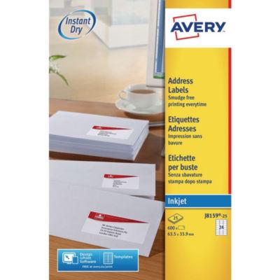 Avery J8159 Etiquettes adresses imprimantes jet d'encre 63,5 x 33,9 mm - 25 feuilles - 600 étiquettes_0