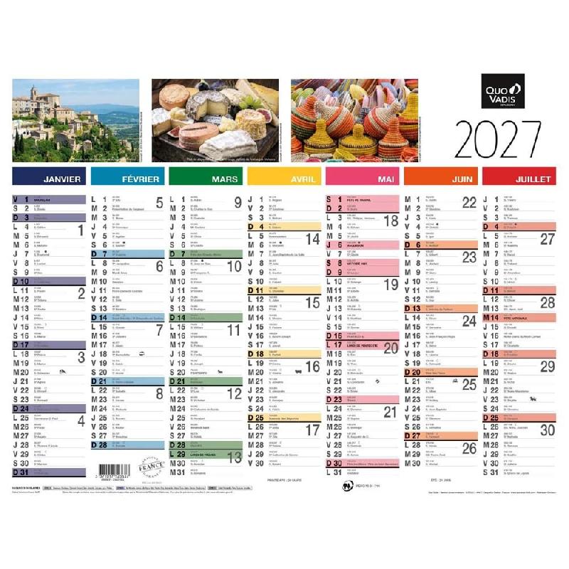 Quo Vadis - Calendrier mural - 2027 - Français - Tradition - Multicolore - 13 mois de janvier à janvier - 27x21 cm - Papier Clairefontaine blanc - m_0