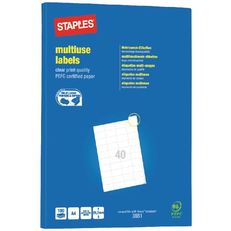 STAPLES EIQUETTE MULTI-USAGES BLANCHE - STAPLES - 29,7 X 52,5 MM - BOÎTE DE 4000 ÉTIQUETTES