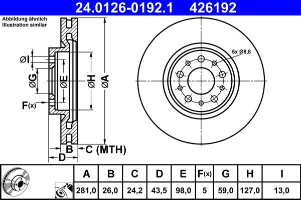 Disque de frein ATE 426192 - ventilé, côté avant_0