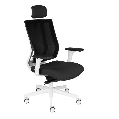 FAUTEUIL DE BUREAU ERGONOMIQUE MAXPRO NOIR, TISSU ET MAILLE, AVEC ACCOUDOIRS 2D ET APPUI-TÊTE, MÉCANISME SYNCHRONE, PIEDS BLANCS - NOIR
