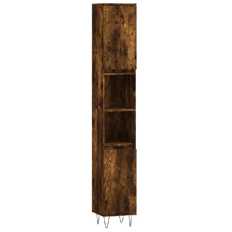 Helloshop26 - Armoire de bain chêne fumé avec 4 compartiments et pieds en fer industriel 30 x 30 x 190 cm en bois chêne fumé 02_0048990 - Bois mas_0