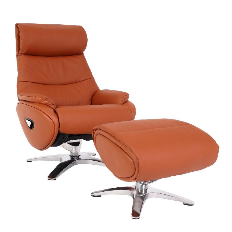 Mendler Fauteuil relax avec pouf HWC-K98, Fauteuil TV, fonction couchage pivotant, métal cuir véritable/simili cuir ~ marron - marron matière synth_0