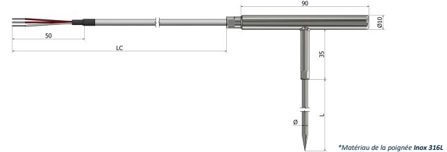 Sonde de résistivité à piquer RTD - Poignée en T - PP50 - Pt100/Pt500/Pt1000 - Classe A/B - Inox 316L_0