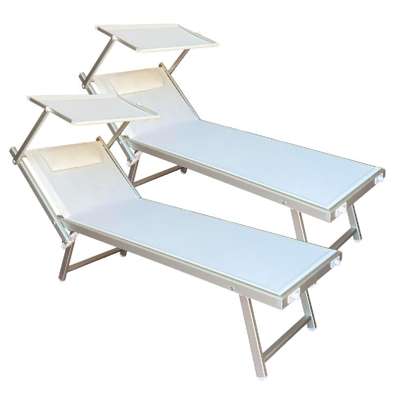 ZIK Lot de 2 chaises longues pliantes de jardin avec auvent et coussin amovible, positions réglables, en aluminium et textilène pour piscine - Blanc_0