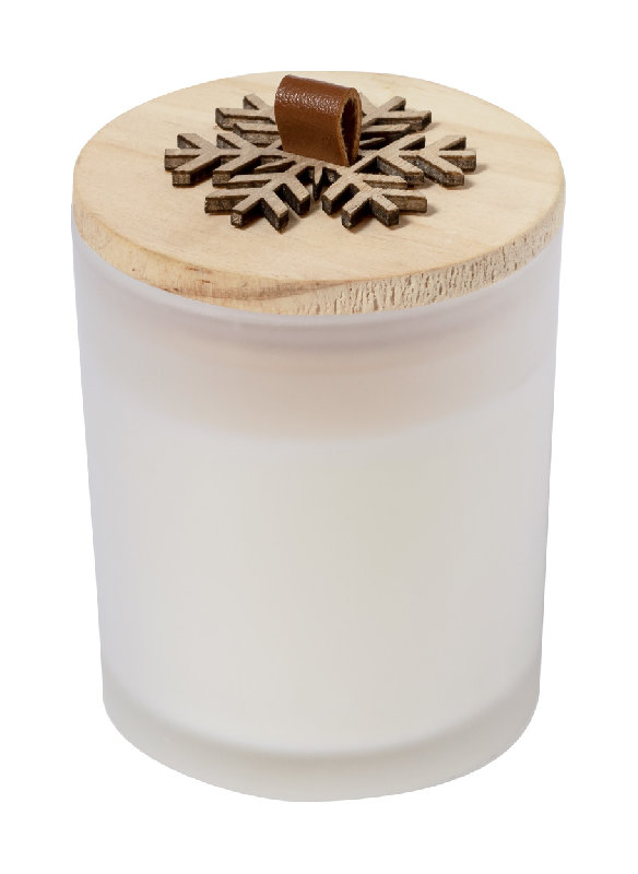 Bougie Noël - cire parfumée vanille - verre avec couvercle bois décor flocons - 325 gr_0