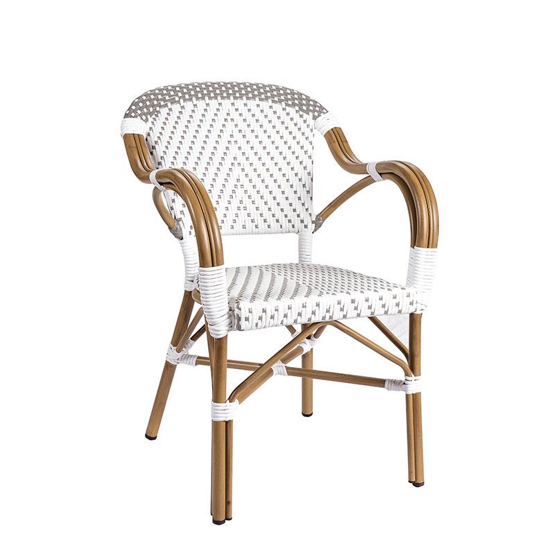 Fauteuil de terrasse Biarritz - tressage gris et blanc - aluminium couleur bambou - empilable et léger_0
