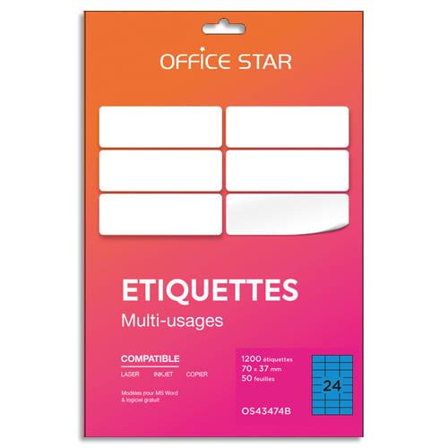 Office Star - Boîte de 1200 étiquettes adhésives multiusage - Format 70x37mm - Planche A4 - Coloris bleu_0