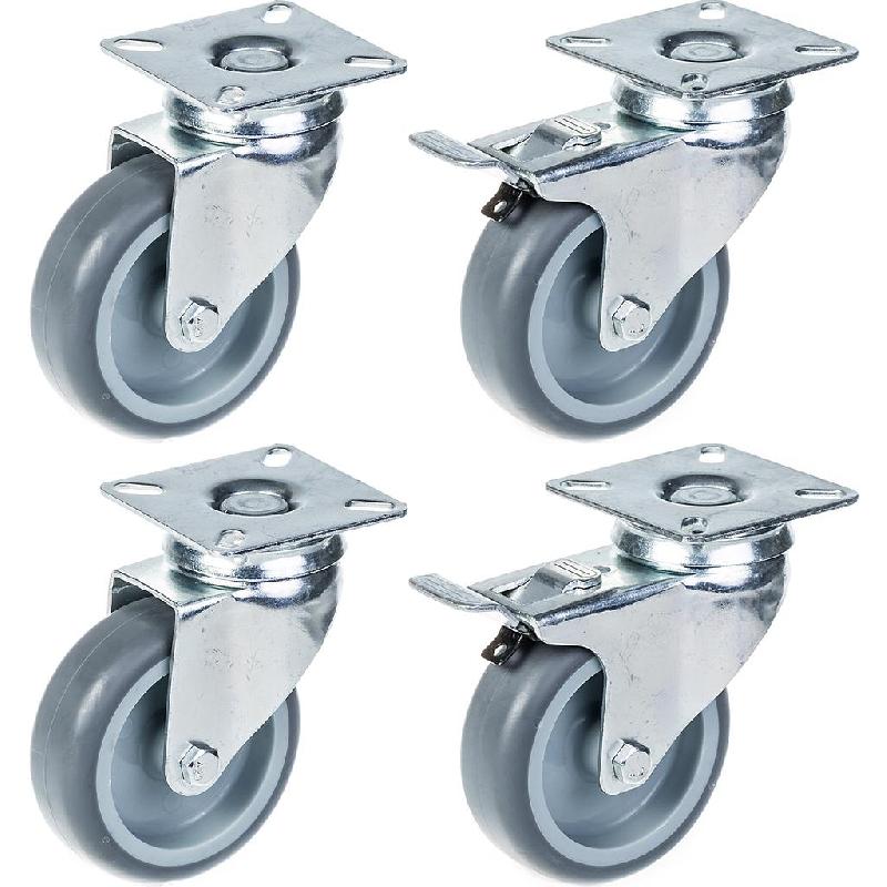 Set de 4 - 75mm grey rubber swivel castor 70kg (2pc)  75mm grey rubber brake ca_0