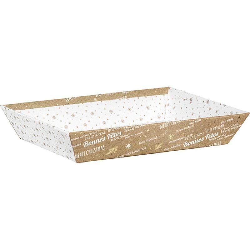 Corbeille Noël carton rectangle kraft blanc or Bonnes Fêtes 27x20x5 cm - par 30_0