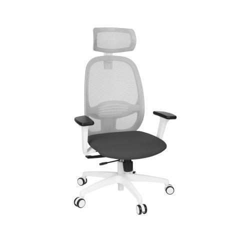 FAUTEUIL DE BUREAU ERGONOMIQUE NODI, TISSU ET MAILLE, AVEC ACCOUDOIRS 3D ET APPUI-TÊTE, MÉCANISME SYNCHRONE, PIEDS BLANCS - GRIS FONCÉ