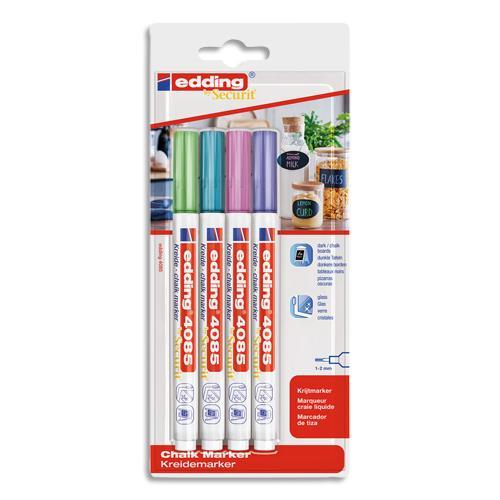 POCHETTE EDDING 4 MARQUEURS CRAIE LIQUIDE E-4085 POINTE OGIVE 1-2MM BASE EAU - COLORIS ASSORTIS METALLISE
