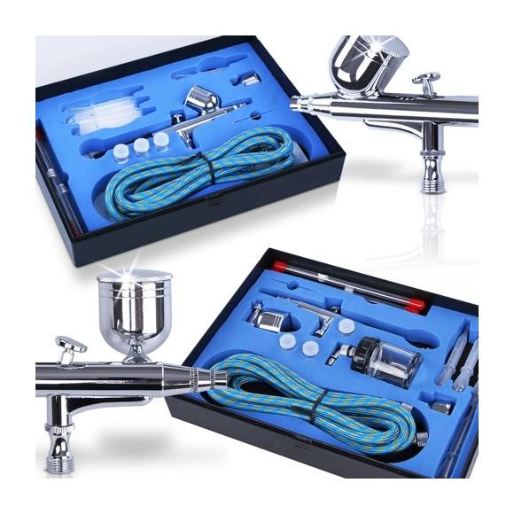 Kit Aérographe Professionnel Avec Compresseur Silencieux - 3 Pistolets Double Action + 24 Peintures - Meeden
